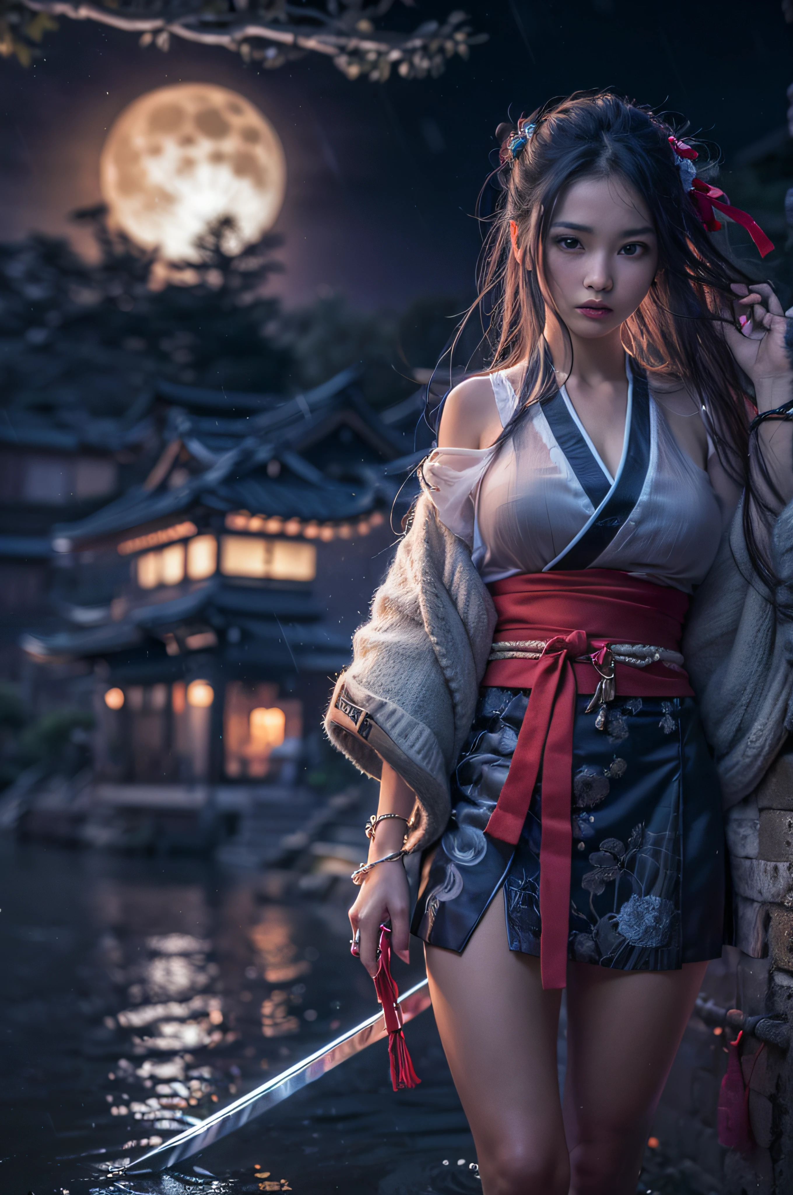 GEISHA- SEXY- LIFTED KIMONO- UPPER BODY- THICK THIGHS- TEMPLE- MEDIEVAL- SWORDS- WARRIOR- SEXY FACE- DETAILED HD- LOW FRAME - BEAUTIFUL- GATER BELT- DETAILED CORCELET- REAR- LOW ANGLE- SUNSET IN BACKGROUND- LACE DETAILED- BIRDS IN THE SKY- STRAIGHT BLACK HAIR WITH BANGS