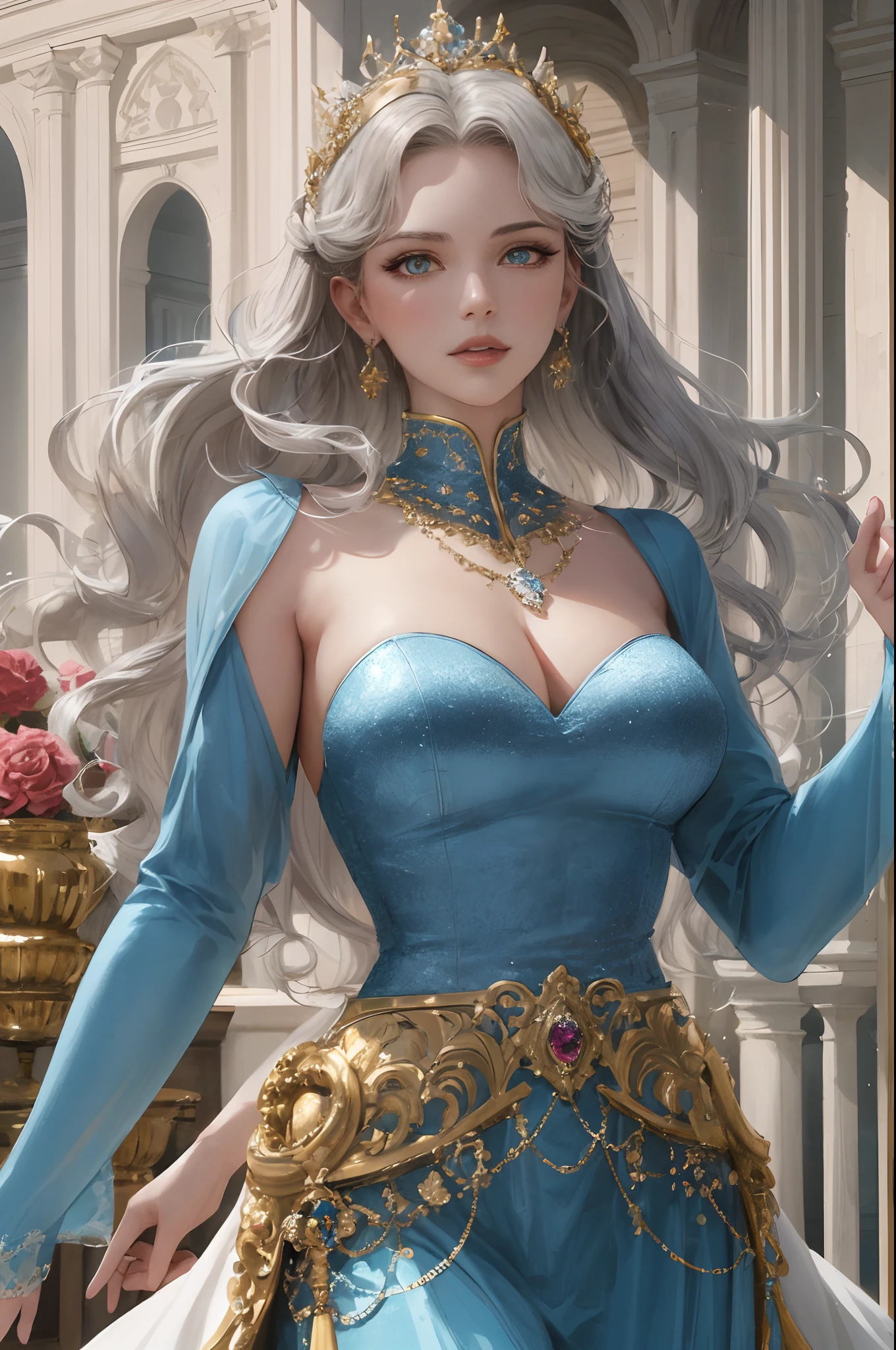 Sexy figure,a queen,Gorgeous costumes,Large breasts,golden laurel crown,Gorgeous earrings and necklaces,sceptre,Light blue long dress,Fair skin,Detailed pupils,Blue pupil,Incredibly ultra-detailed,stunningly realistic,Facial features of Nordic women,Look down on the audience with compassion,Long curly silver waves,Gorgeous English court,Dark light,grain sense,