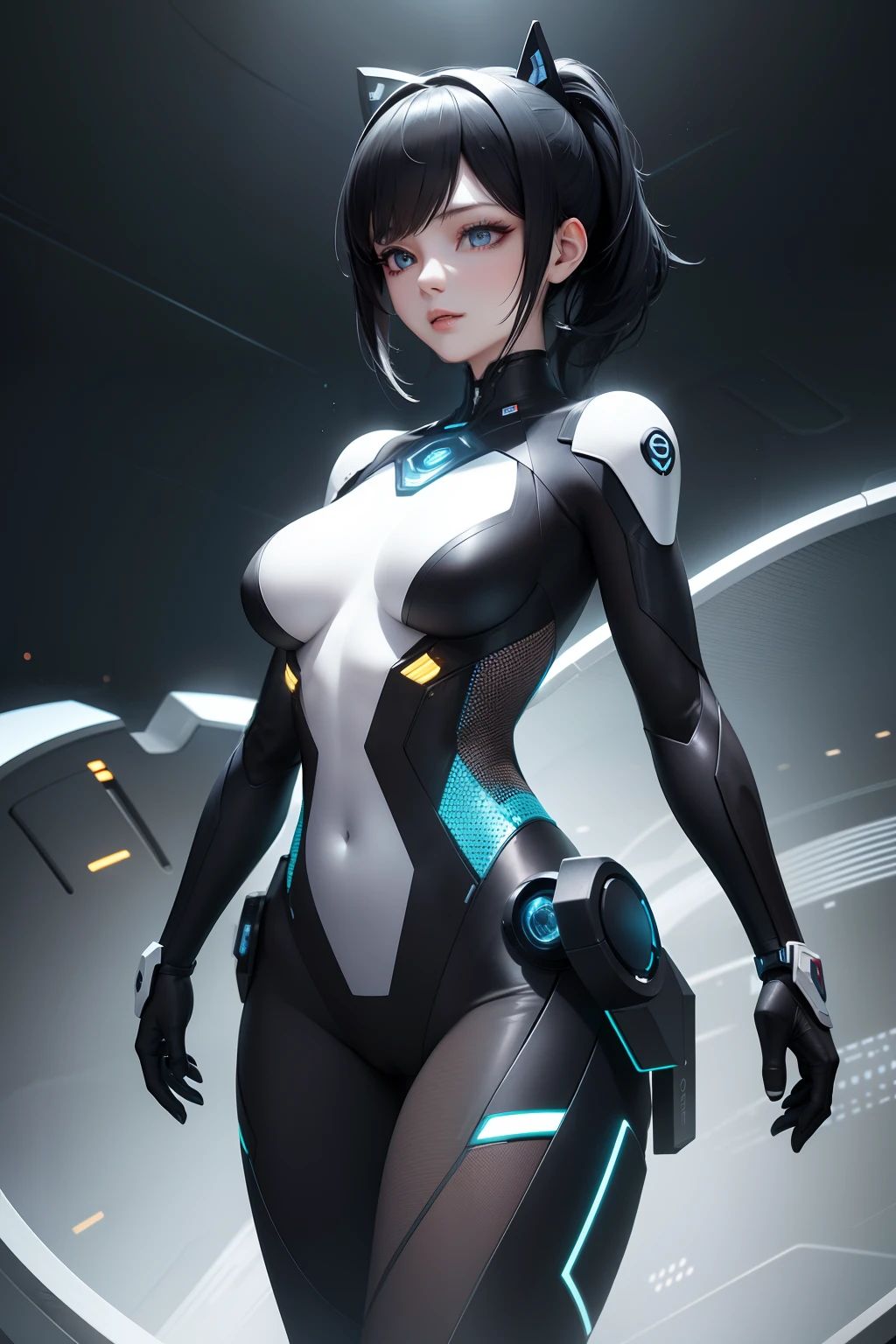((best qualtiy)), ((tmasterpiece)), (the detail:1.4), 3D, A beautiful cyberpunk female image,HDR（The appearance of the high-cyberpunk female robot is futuristic and technological，It presents a perfect combination of transparent materials and mechanical elements。Her body contours are slender and elegant，The sculptural curves show a combination of elegance and power。
Her head has a smooth metallic texture，Inlaid with flashing colored LED lights。A bright and shiny binocular module is located in the center of the head，Revealing the wisdom and vitality of mechanical life。Her facial features are delicate and soft，It has streamlined lines and delicate curved surfaces，It gives people a sense of ingenuity in future technology。
Her body extends down from her neck，Made of transparent reinforced plastic。Internal gears and lines are clearly visible，Flashing with a faint blue glow。A shimmering light is emitted under the transparent housing，It is reminiscent of twinkling stars in the starry sky。
On her limbs，The combination of aluminum and carbon fiber enhances her strength and durability，At the same time, he maintains a light posture。Her fingers are slender and dexterous，The fingertips are decorated with miniature touch screens，Enables her to perform sophisticated manipulations and interactions。She wears a set of smooth and fitted tights，Made of high-tech textile materials。This outfit is able to adapt to various environments by adjusting temperature and pressure，Keep her comfortable。The surface of the garment is covered with tiny LED lights，The resulting dazzling patterns and gorgeous textures，Make her a beautiful scenery in the eyes。

The overall details of the cyberpunk female robot are full of modern technology and futuristic elements，It shows her high intelligence and unique charm。In an avant-garde and captivating way, she pushes the boundaries between machinery and humans，It shows the perfect blend of technology and beauty。dynamic range）,Ray traching,NVIDIA RTX,Super-Resolut