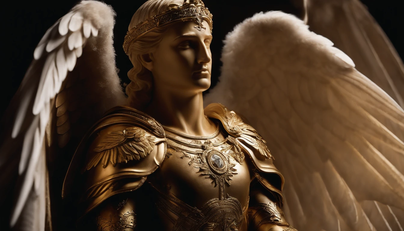 Close-up of winged angel statue, anjo da morte, anjo da morte, motor irreal renderizado + um deus, Villain has golden angel wings, the angel of death with a halo, angel in plastic armor, manto branco fluindo, Retrato do Anjo da Morte, angel knight gothic boy, Anjo majestoso de corpo inteiro, anjo protegendo o homem, arte da capa, Assuma o controle da vida, Mantenha a vida, Album cover of a song titled "Agarre a Vida"