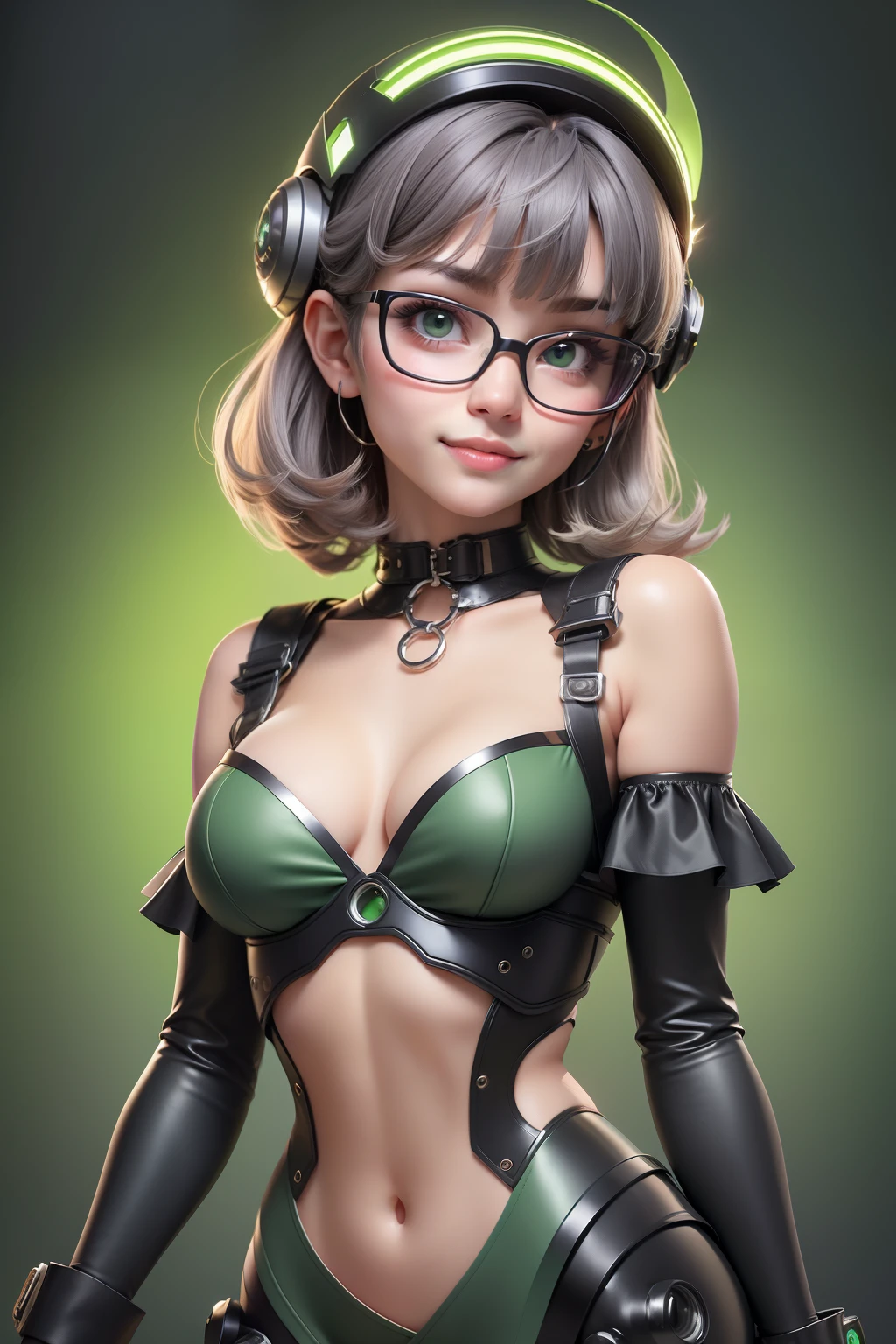 1 cute girl (18yo) glasses, upper body, slim waist, natural medium breast, sexy pose, seductive face, bangs, random hairstyle, cleavage, navel, collar, collarbone, off shoulder, seductive smile, wear intricately detail hot and sexy outfit, robotic costume, wear unique helmet, green color, upper body. flat gray color for background