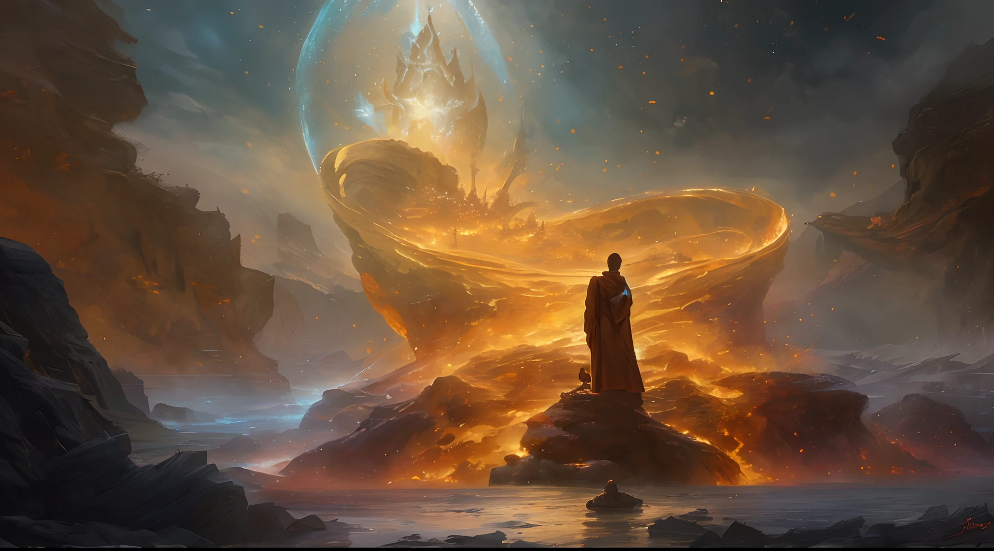 there is a monk standing on a rock in the middle of a fire, holy fire spell art, jessica rossier fantasy art, epic fantasy sci fi illustration, james gurney and andreas rocha, fantasy art behance, tolkien and michael komarck, peter mohrbacher digital art, science fantasy painting, dramatic fantasy art, high quality fantasy art