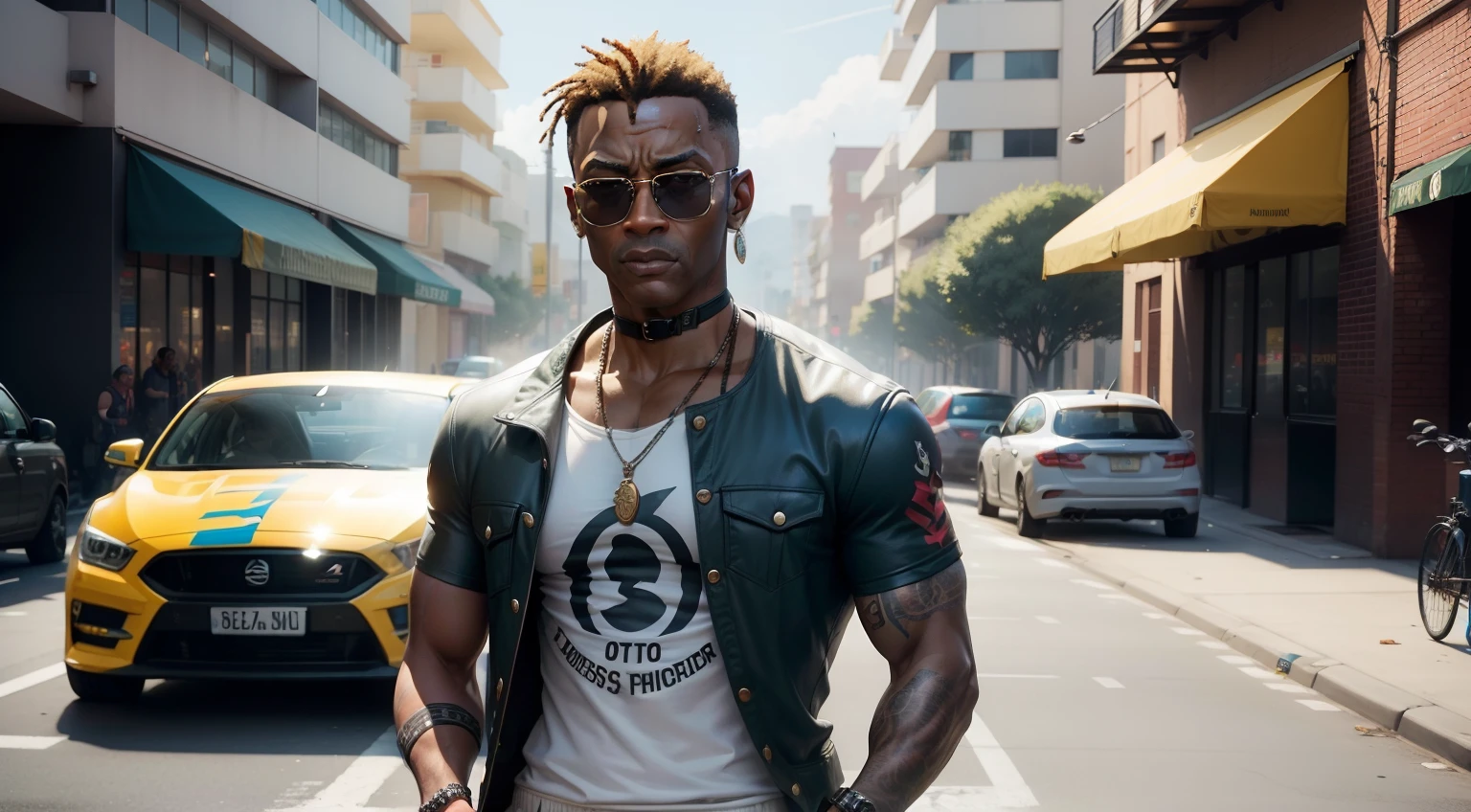 Man with a crown and sunglasses standing in a parking lot, gta personagem, como um personagem de gtav, GTA 6 estilo, gta 5 tom de pele, GTA V Estilo, neymar em gta v, gta v street style, gta v personagem, 2 k aesthetic, Estilo GTA5, vestindo uma camisa tie-dye, ( ( pele escura ) )