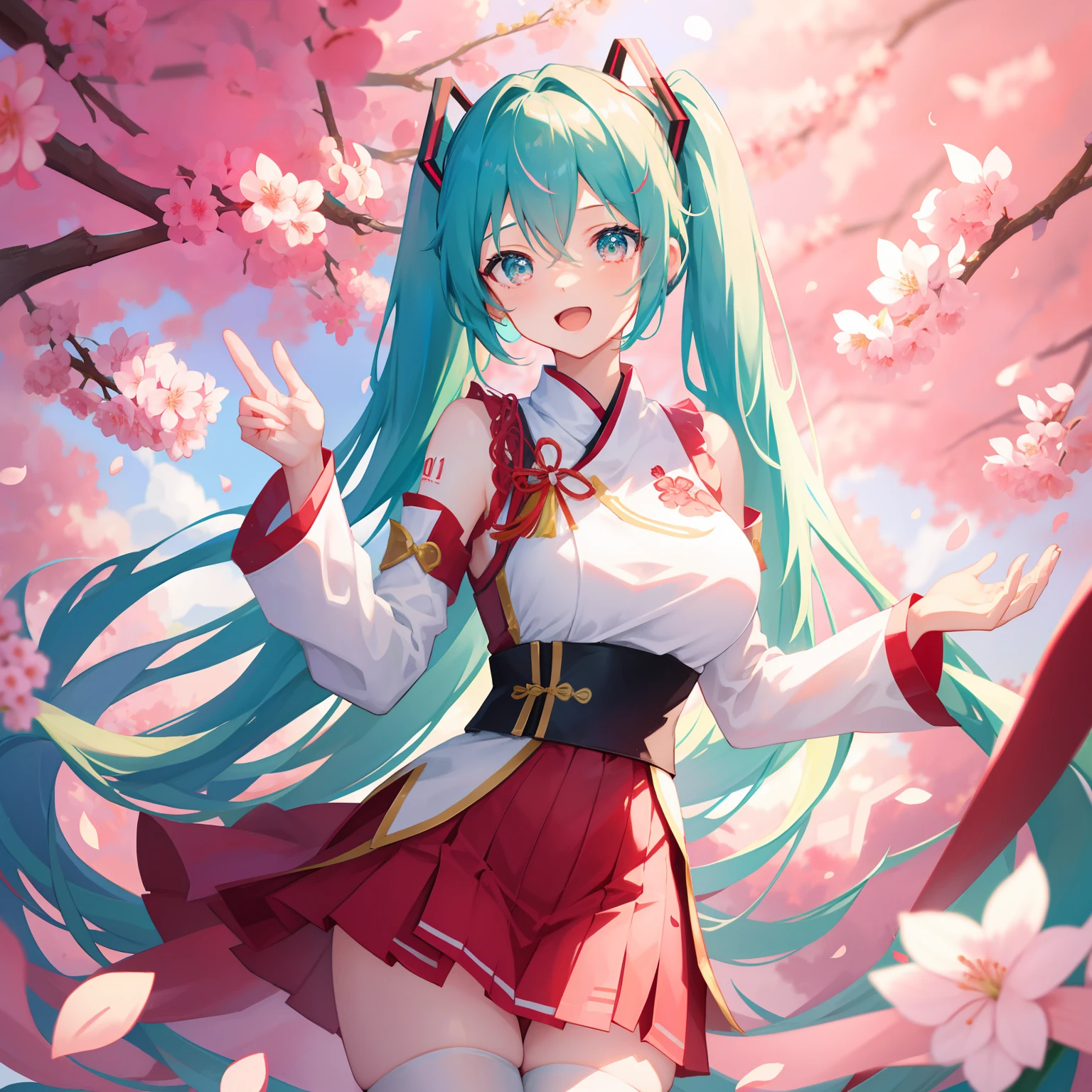 Big breasts Hatsune Miku，Wear a Chinese cheongsam，Red and white，Wear white stockings，Angel Eyes，Hands should be normal，The hand should be intact，Hyper-detailing，Ancient wind，Super nice looking，4K Ultra HD，quadratic element，PC Wallpapers，face ultra detailed，The eyes are super good-looking，：D，The five fingers should be clearly displayed，There are cherry blossom petals falling，The fingers of the hand are clear