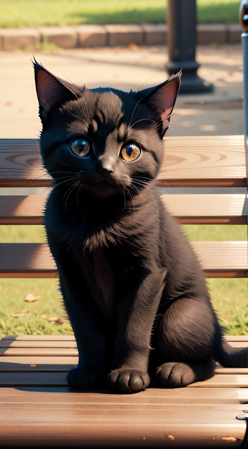 A small black kitten lies on a park bench，Fine eyes。