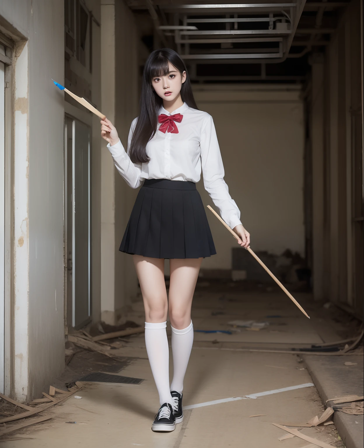 ((best quality, 8K, masterpiece: 1.3)), beautiful girl, pure, kind and cute, pure desire, innocent face, slender body, normal breasts, wearing school uniform, short school uniform skirt, converse shoes with long socks until below of knees, long black silky hair, long flowing shoulders, round black big eyes, clear big eyes, standing pose, holding a spear. Battle pose, in the abandoned bulding, ((((whole body)))),