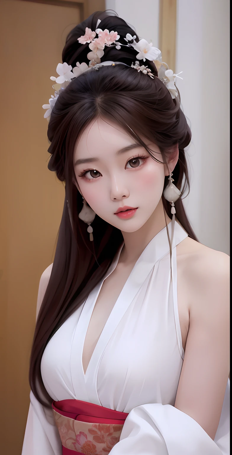 Alabi Asian woman wearing white dress,Pose for a photo with a floral headdress, gorgeous chinese models, beautiful Korean women, Chinese girl, Beautiful young Korean woman, Gorgeous young Korean woman, pale milky white porcelain skin, Korean girl, Beautiful Asian girl, Realistic. Cheng Yi, Soft portrait shot 8 K, young cute wan asian face, Asian girl with long hair