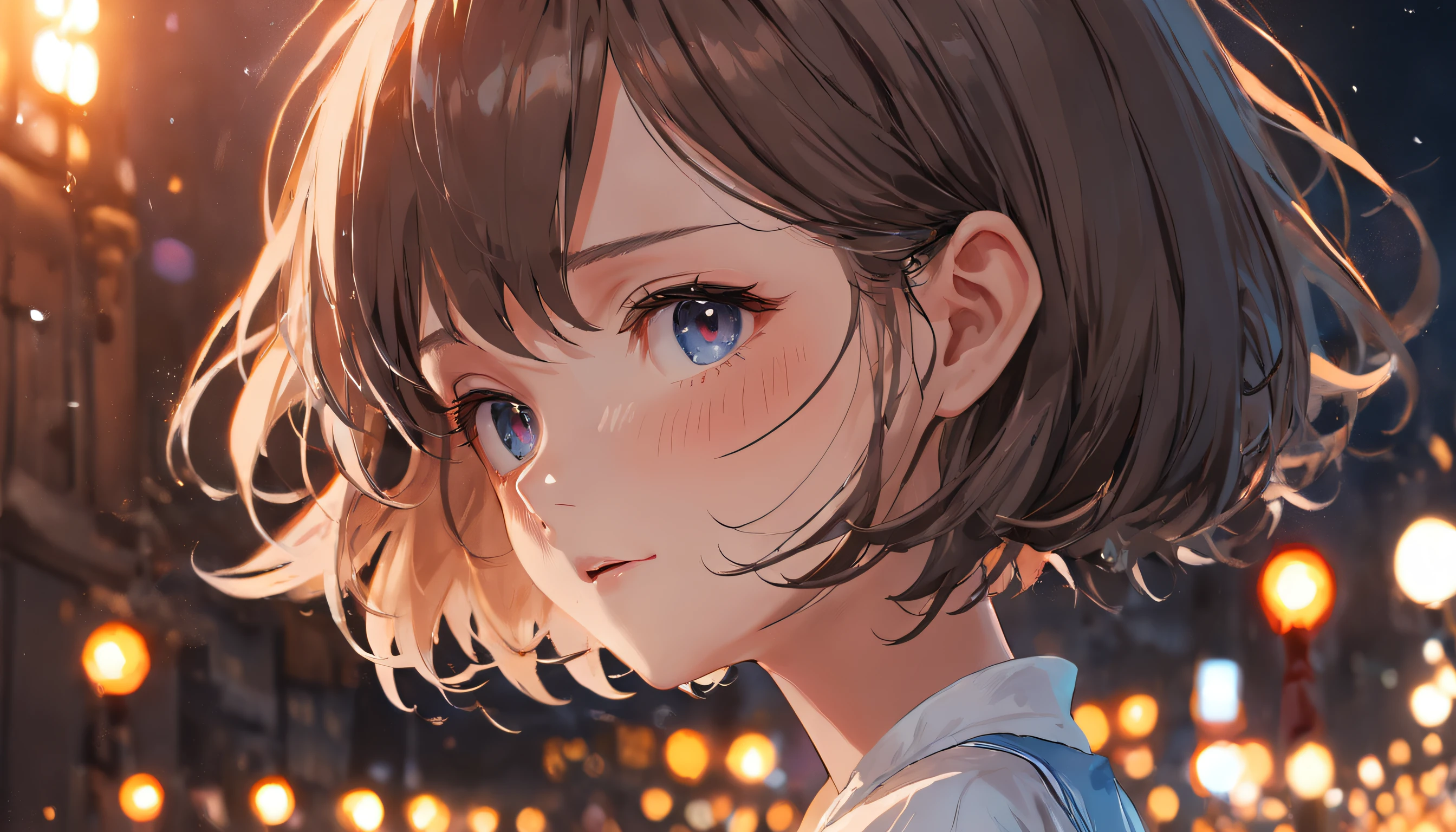 extremely delicate and beautiful girl, a extremely delicate and beautiful girl, retro artstyle, 1990s, faux traditional media, upper_body, from_side, Personage as the main perspective, head_tilt, beautiful detailed fullbody, girl,woman,female, young,20 years old, short hair, bob cut, wept bangs, eyes visible through hair, brown hair, long hair flowing with the wind, delicate and delicate face, light smile, bright eyes, closed_mouth, night, night, night, blurry_background, wallpaper 8k CG, absurdres, very fine 8K CG wallpaper,