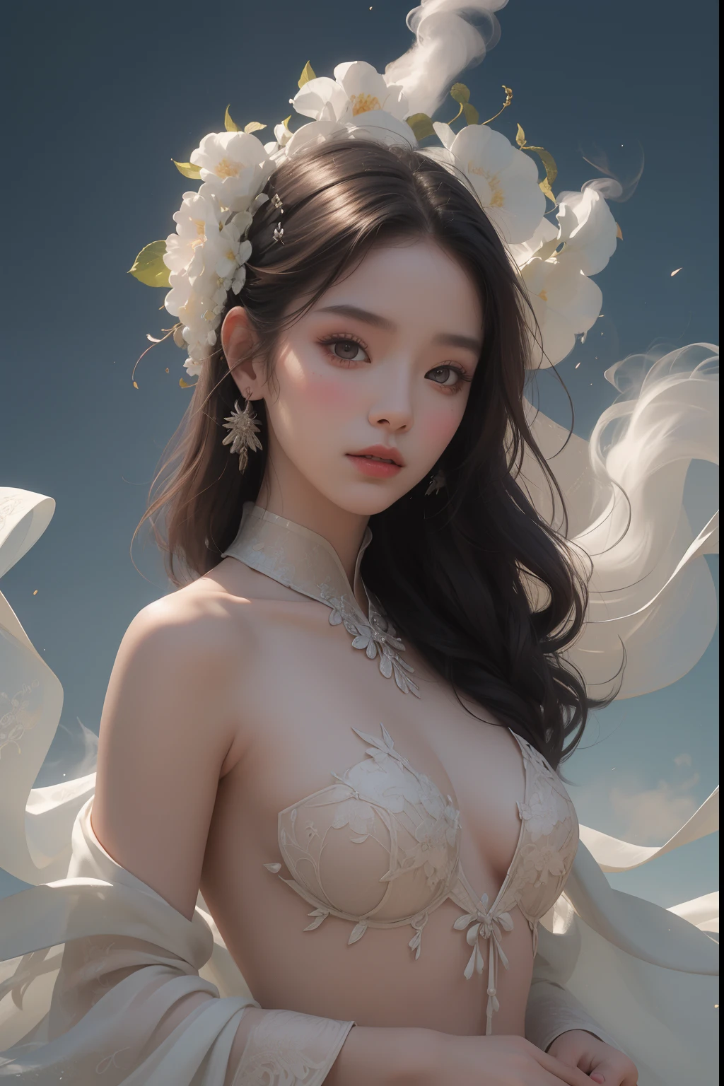 nsfw, zhongfenghua, 1girl, solo, hanfu, ancient_chinese_architecture, flower field, blossom, (white smoke:1.3) (photorealistic:1.4), zentangle, mandala, entangle, official art, unity 8k wallpaper, ultra detailed, beautiful and aesthetic, masterpiece,best quality, (dynamic angle:1.4), glowing skin, (floating colorful sparkles:1) the most beautiful form of chaos, elegant, a brutalist designed, vivid colours, romanticism depth of field exotic_dance, half_naked