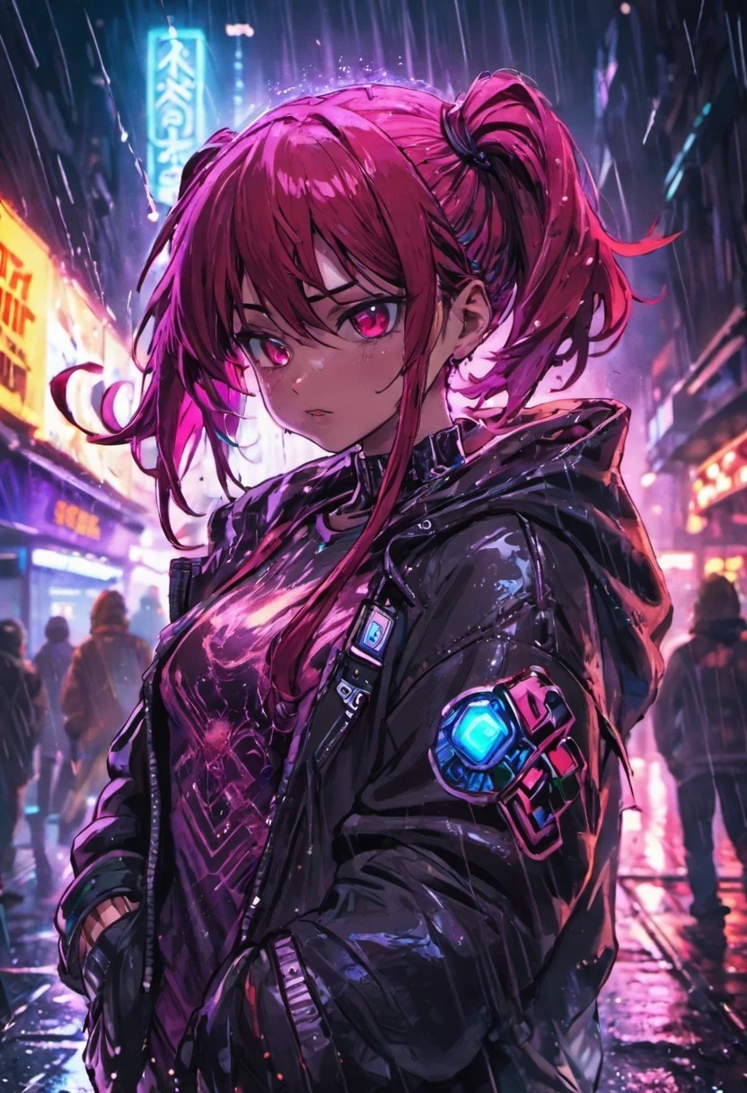 fotografia de close-up, jovem mulher cyberpunk confiante com cabelos ruivos em um coque, usando um capuz com desenhos vermelhos e azuis, on a rain-soaked street at night, fotorrealista, Cinematic lighting