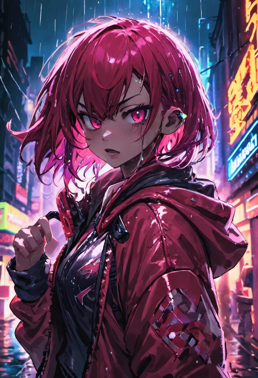 fotografia de close-up, jovem mulher cyberpunk confiante com cabelos ruivos em um coque, usando um capuz com desenhos vermelhos e azuis, on a rain-soaked street at night, fotorrealista, Cinematic lighting