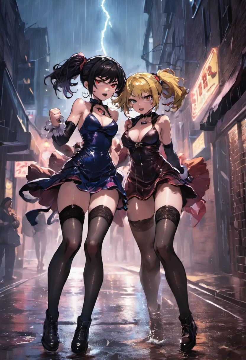 2girls,(fight against another),face to face,in a rain soaked street at night,(black stockings),(long stockings)