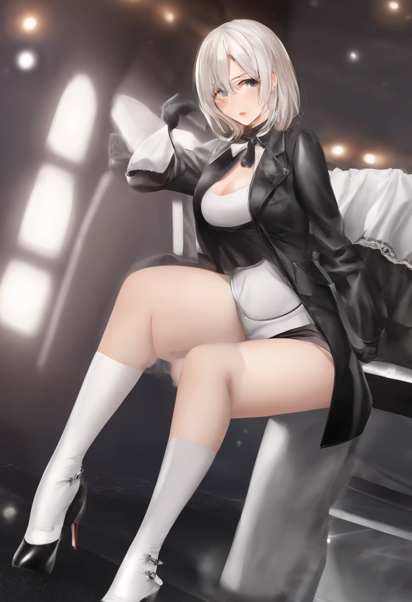(highres, best quality:1.2), intricate details, vibrant image, sharpness, colorful, SaekiSayoko, solo, 1girl, mature female, milf, full body shot, side view, sitting on chair, legs on table, smirking, smile,Colossal mouth, indoors, room, miharu kashiwagi, long hair, hair bow, hair ribbon, ponytail, makeup, blue eyes, perfect eyes, perfect face, detailed face, blue suit, blue pencil skirt, thighhighs, high heels, curvy, large breasts, cleavage, ass, thighs,nsfw ,nsfw