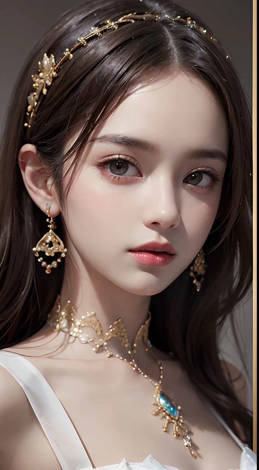 (Masterpiece:1.3), (8K, Photorealistic, RAW photo, Best quality: 1.4), (1girll), Beautiful face,( long whitr hair：1.3), Nice hairstyle，photorealistic eye，Nice detail eyes，（Delicate skin tone Realistic skin），Beautiful skins，（White suspenders），absurd res，enticing，超高分辨率，Ultra photo realsisim，The is very detailed，the golden ratio，Collar，ear jewelry，hair adornments，