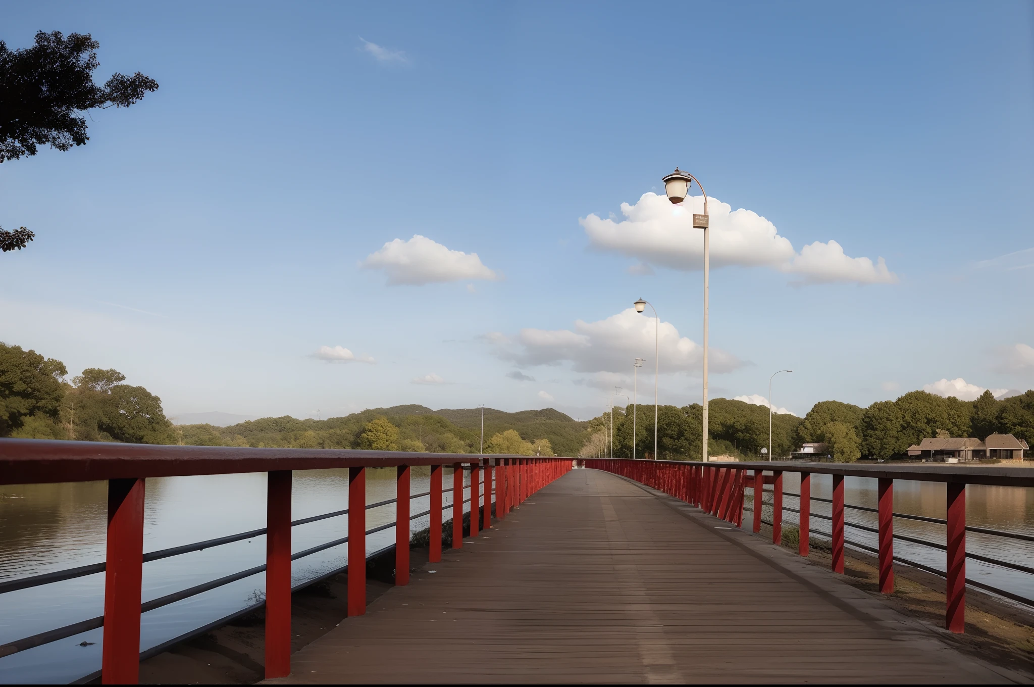 Wooden bridge over a lake with a red railing, bridge over the water, Passagem, arredores da cidade, From a distance, ponte, promenade, A foto foi tirada de longe, Ponto de fuga da lente grande angular, Fotografado com uma lente Canon 20mm, Pontes e grades, standing on a bridge, fotografia, tiro largo