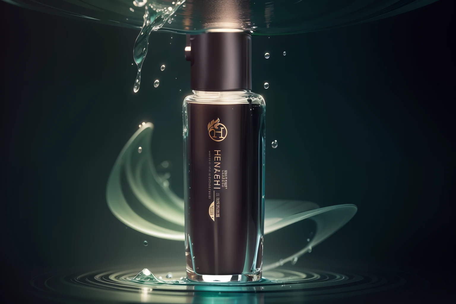 Masterpiece, Top quality, Best quality, offcial art, Beautiful and beautiful: 1.2),, No Man, On the water, There is a lot of water mist around, Buble, Minimalist design, Product photography, Solid green gradient background, Liquid, water spray, rendering by octane, intense contrast, back Lighting, Studio light::1, glass, Fluid, The low-purity tone