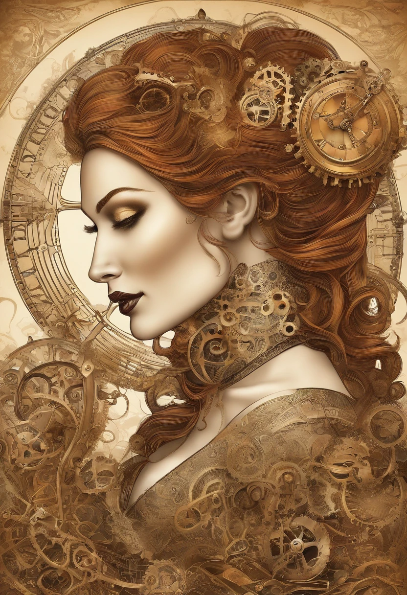 Steampunk the edge of my universe, A clock in the style of the artist Salvatore Dali, with hanging hands and a decayed clockwork hanging over a branch. The dial features a beautiful line art drawing of a completely naked woman with clock tattoos and with large breasts and a hairy vagina. She has a nice pose where her body is clearly visible, even if it is only the face of the clock. Extreme sharp, 8K, perfect drawing, perfect painting, sharp illustration