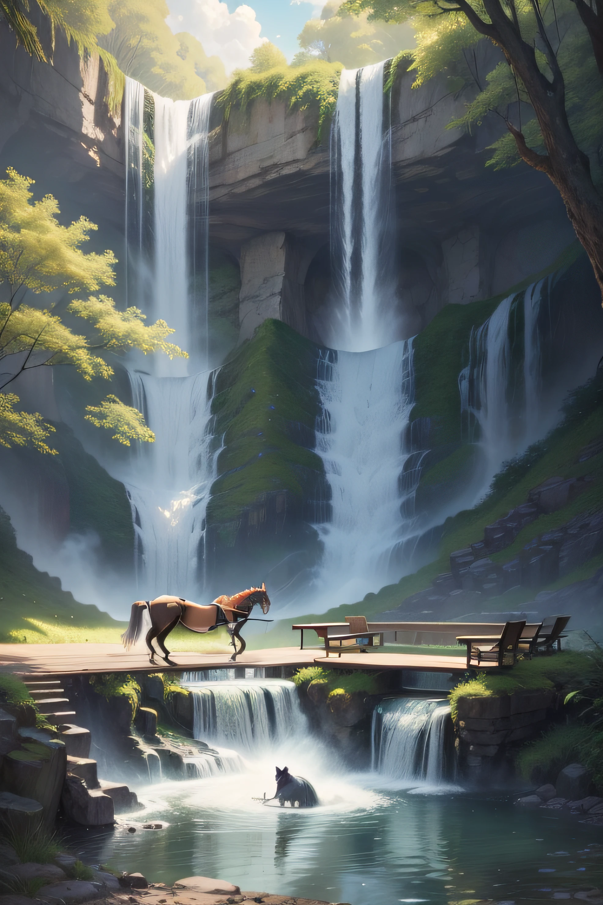 waterfall with bench with a horse on the side