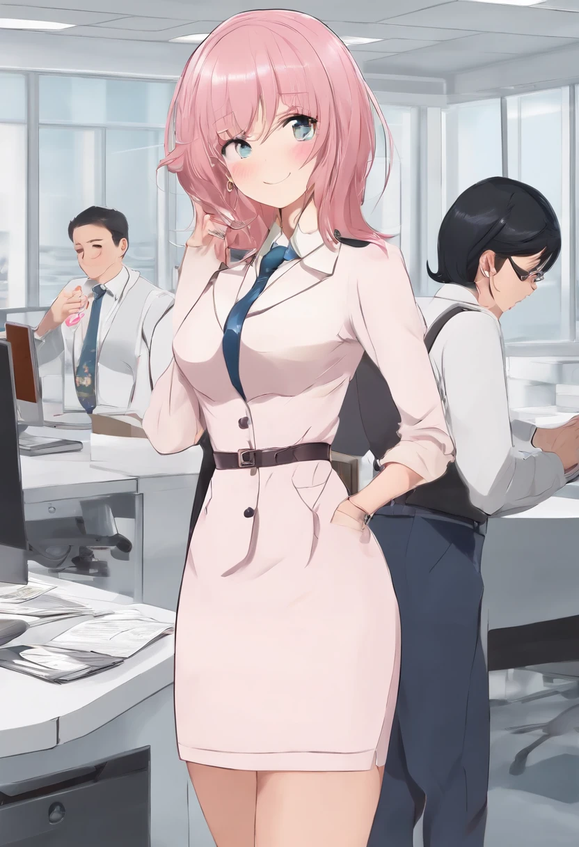 ((masterpiece, best quality)), (1girl),((mature female)), lightpink hair, halo, horn, ((office lady )),bangs,middle breast,(busty),slim,smile, [wide hips],office,standing, aru \(blue archive\),