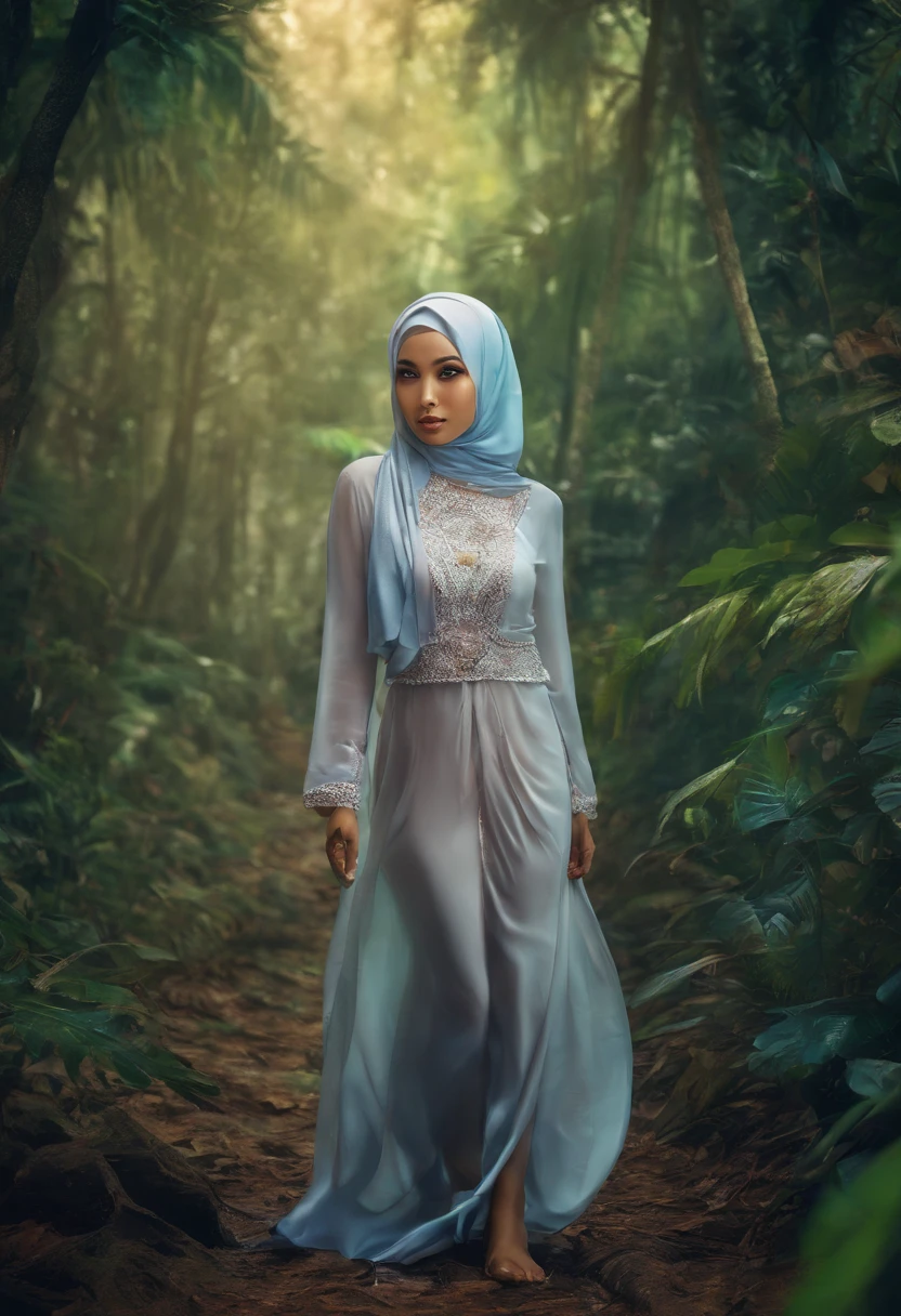 Sexy cute malay girl in hijab wearing underwear walking in jungle