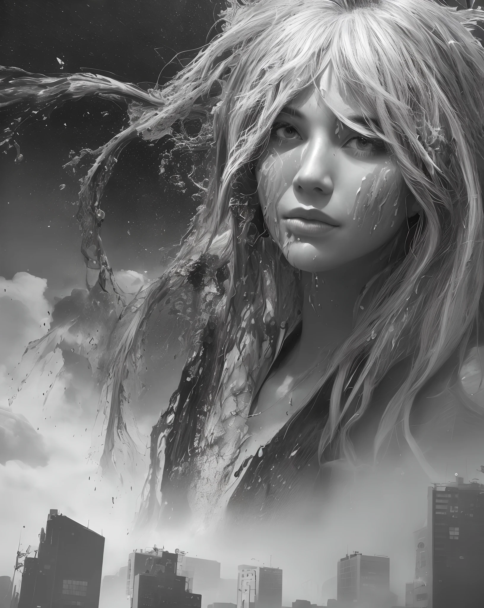 abstract face in a city landscape, a photorealistic painting by Mark English , [:anime line art:0.2], celestial and Heat and Thunder and Water themed, epic splash art , auto-destructive art, , abstract