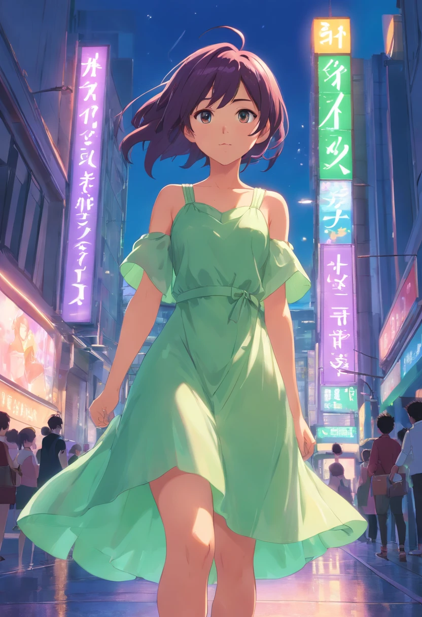 super fofa, anime, lilac dress, cabelo preto e liso, olhos verdes grandes e brilhantes, extremely detailed animation, super realistic, Luxury Cinema Lighting, luz de oitava