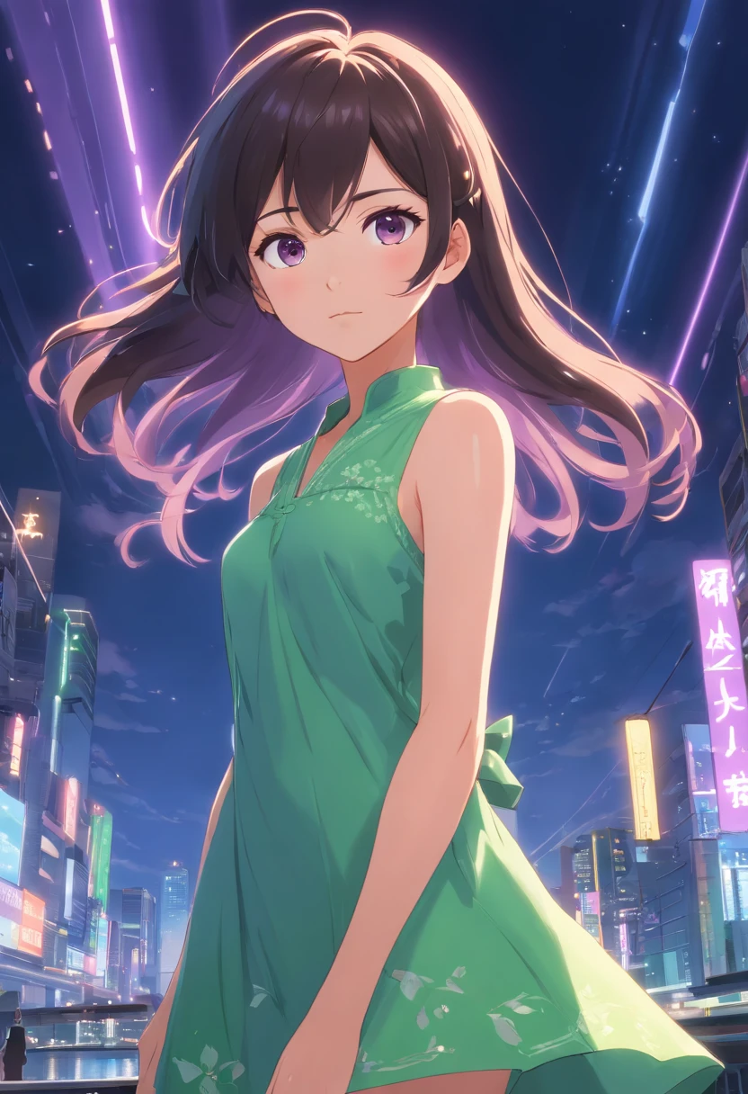 Menina super fofa, anime, lilac dress, cabelo preto e liso, olhos verdes grandes e  brilhantes, extremely detailed animation, super realistic, Luxury Cinema Lighting, luz de oitava