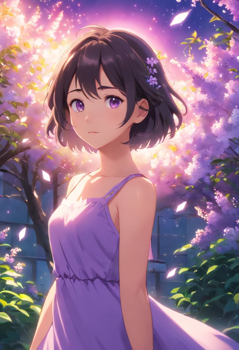 Menina super fofa, anime, lilac dress, cabelo preto e liso, olhos verdes grandes e  brilhantes, extremely detailed animation, super realistic, Luxury Cinema Lighting, luz de oitava
