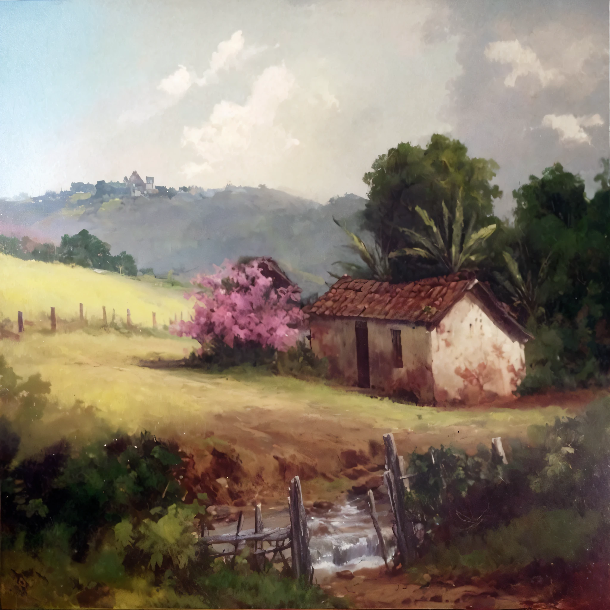 painting of a rural scene with a house and a stream, paisagem rural, country landscape, beautiful oil matte painting, Rural area, Directed by: Victor Meirelles, no campo, Directed by: Rodolfo Escalera, by Roberto Parada, Directed by: Victor Adame Minguez, paisagem arejada, Directed by: Carlos Francisco Chang Marin, near farm, Directed by: Herbert MacNair