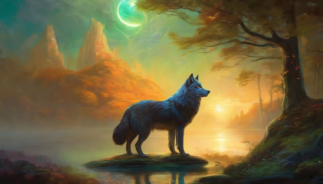 Artwork by Aaron Hockey, , , hyper-high detail, 32K, Sharp focus, Luminism, Detailed oil painting, Moon, Detailed sky, Black Wolf with large height detail, author:anato finnstark . Detailed landscape, northern tales aesthetic, dynamic movements, big reflective eyes, forest,Glowing, swirling leaves, emerald fog, mistic, the complex background, Dynamic lighting, lamp lights, intricated pose, highly detailed filigree, iintricate, baroque, hudson river school, Thomas Cole, Masterpiece