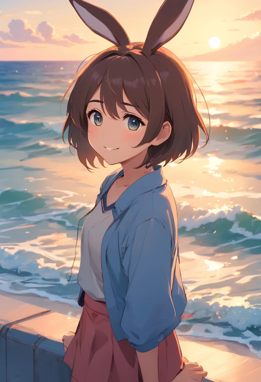 edgBunny，Cute cartoon avatar illustration，No gender，The background is the sea，is shy, a smile