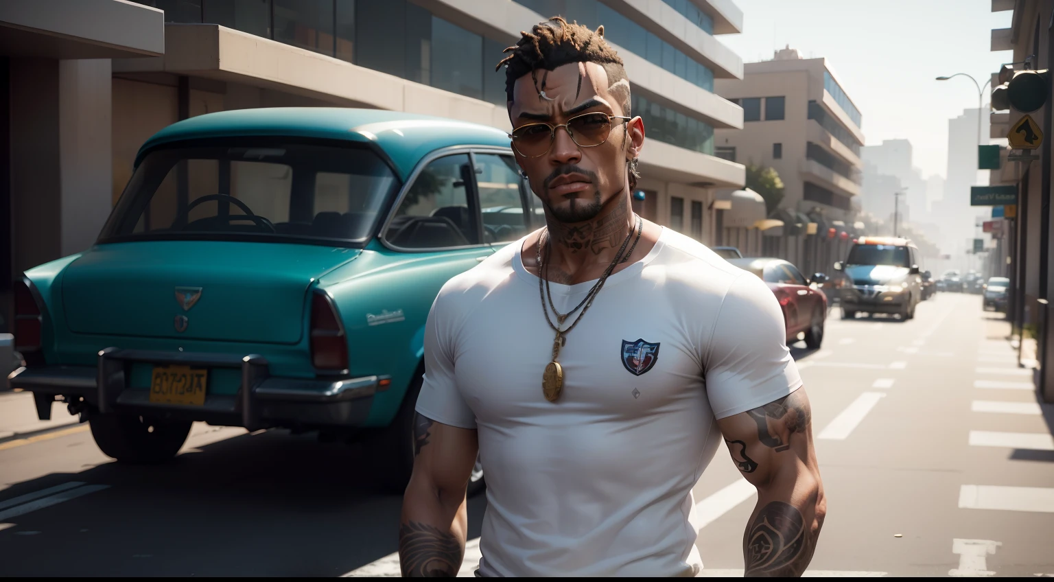 Man with a crown and sunglasses standing in a parking lot, gta personagem, como um personagem de gtav, gta 6 estilo, gta 5 tom de pele, Estilo de GTA V, neymar em gta v, gta v street style, gta v personagem, 2 k aesthetic, gta5 estilo, vestindo uma camisa tie-dye, ( ( pele esclara ) )