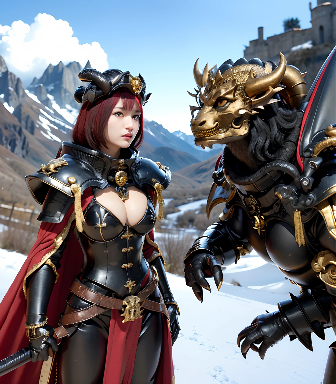 Professional , masterpiece、top-quality、photos realistic , depth of fields (Dragon Black Metal Body:1.9),(Matte Black、(cleavage of the breast)、(Fight dragons)、(Seductive look)、Dragon Gold Weapon、(bikini-armor),Gorgeous gold weapons ,(( Dragon's dense and gorgeous sword)) , Beautiful knife ,warhammer 40k , adepta sororitas,Detail and gorgeous crown、((Red hair))、(Castle background)、The dragon、((Gangle's forest background))、Beautiful Caucasian beauty、(1a person)、dynamic ungle,(((Detailed and ornate dragon helmet)))、Smaller head、Strange smile、Castle background、Thin and beautiful female hands、cleavage of the breast、Soldier in iron armor on background、Mystical expression、Light Effects、intense fighting、Wind-effect、magic circles、With the legendary magic wand、(demonic wings)、
