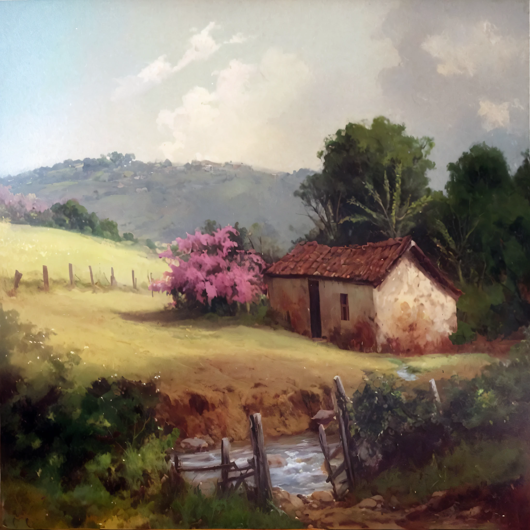 painting of a rural scene with a house and a stream, paisagem rural, country landscape, beautiful oil matte painting, Rural area, Directed by: Victor Meirelles, no campo, Directed by: Rodolfo Escalera, by Roberto Parada, Directed by: Victor Adame Minguez, paisagem arejada, Directed by: Carlos Francisco Chang Marin, near farm, Directed by: Herbert MacNair