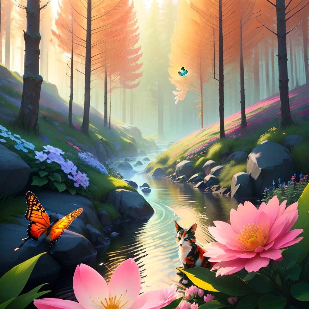 Flowers, magical elements, mobile games, forest plants, a touch of magical elements and small animals playing alongside images colorful forest various colors pink color with colorful flowers orange green red blue river butterflies real photo 3d cinema 8k sun well lit vibrant colors shrubs rocks