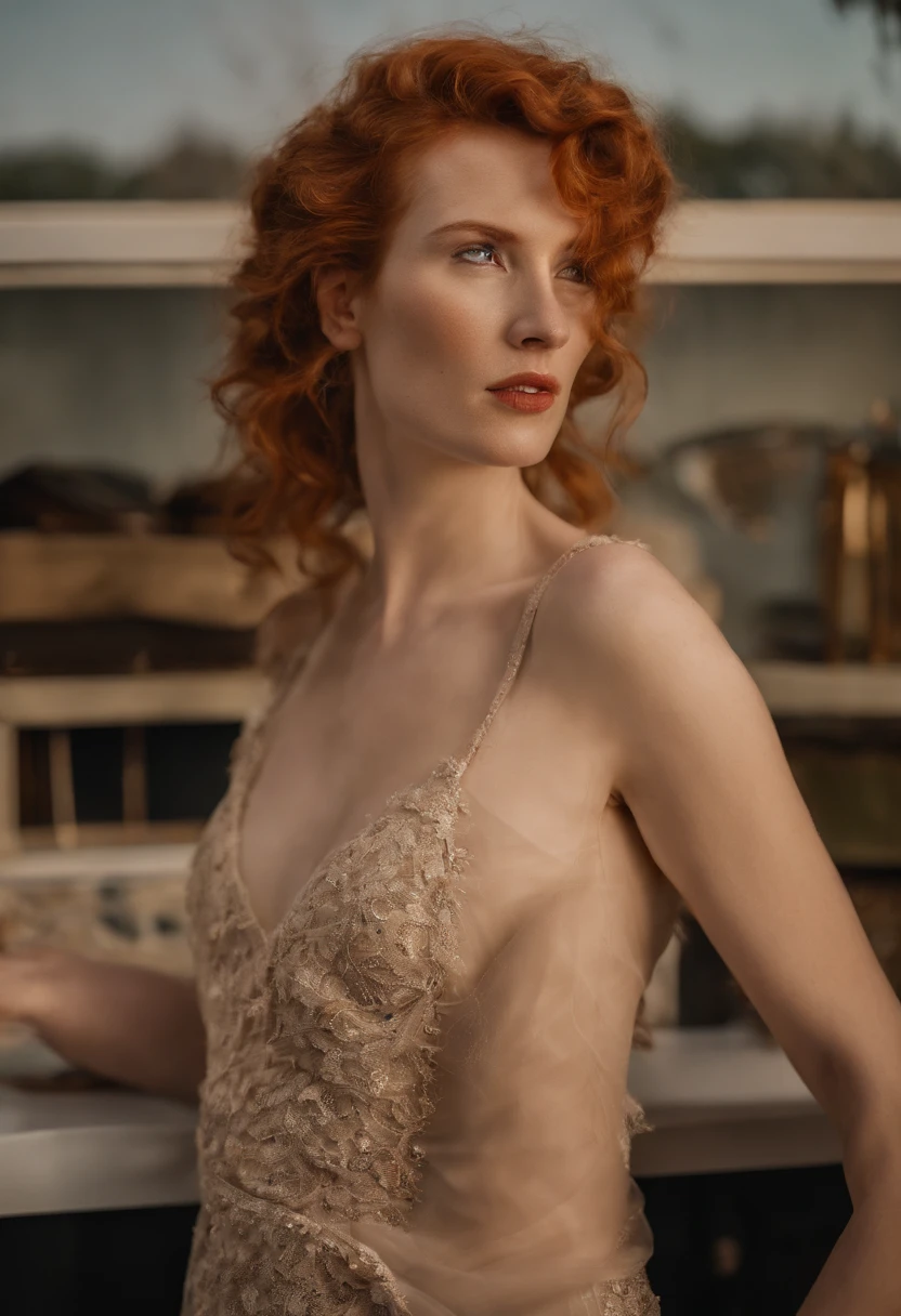 A ginger lady, divine and elegant, with a sexy and disheveled hairdo and a drunken expression. Emily, slurring her words, passed out and collapsed on vinyl decks