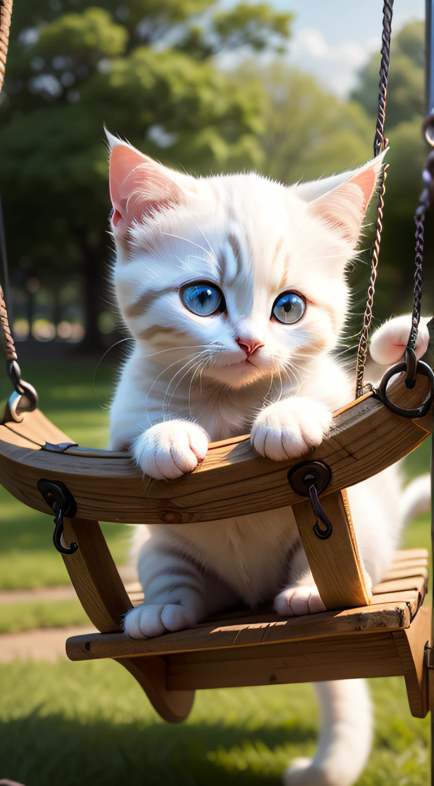 A small white kitten lying on a swing in the park,Fine eyes。