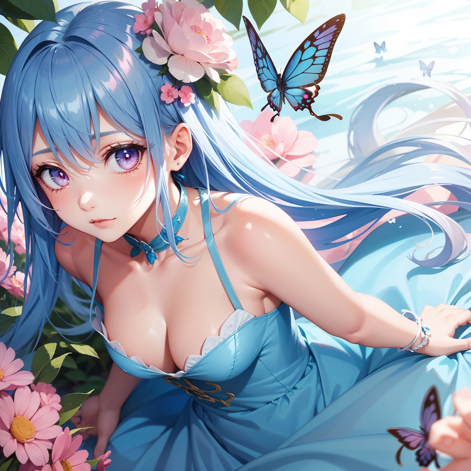 a women, blue butterfly, blue hair, pink eyes, pink dress