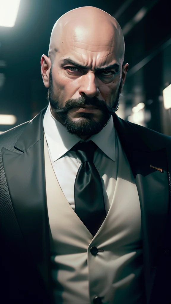 Shahrukh Khan, bald man, mass look, charismatic intense expression, piercing eyes, strong facial features, stylish beard and mustache, ruggedly handsome, confident posture, intense gaze, powerful presence, commanding aura, heavy built, muscular physique, broad shoulders, tall frame, dominating presence, striking personality, suave and stylish, elegant attire, sophisticated dressing style, designer clothing, tailored suits, formal wear, black and white theme, monochrome colors, dramatic lighting, spotlight effect, shadow play, chiaroscuro, cinematic feel, high contrast, striking visuals, dramatic atmosphere, intense emotions, bold and daring, larger than life, iconic star, charismatic superstar, Bollywood legend, silver screen idol, superstar status, legendary actor, mesmerizing screen presence, magnetic charm, impeccable acting skills, versatile performer, emotional depth, expressive eyes, captivating performance, powerful dialogue delivery, intense romance, emotional scenes, action-packed sequences, dynamic poses, powerful stance, captivating expressions, intense close-ups, dramatic angles, larger-than-life persona, stellar screen presence, iconic films, blockbuster movies, unforgettable characters, timeless performances. (best quality, 4k, high-res, ultra-detailed), studio lighting, vivid colors, photo-realistic, cinematic masterpiece.