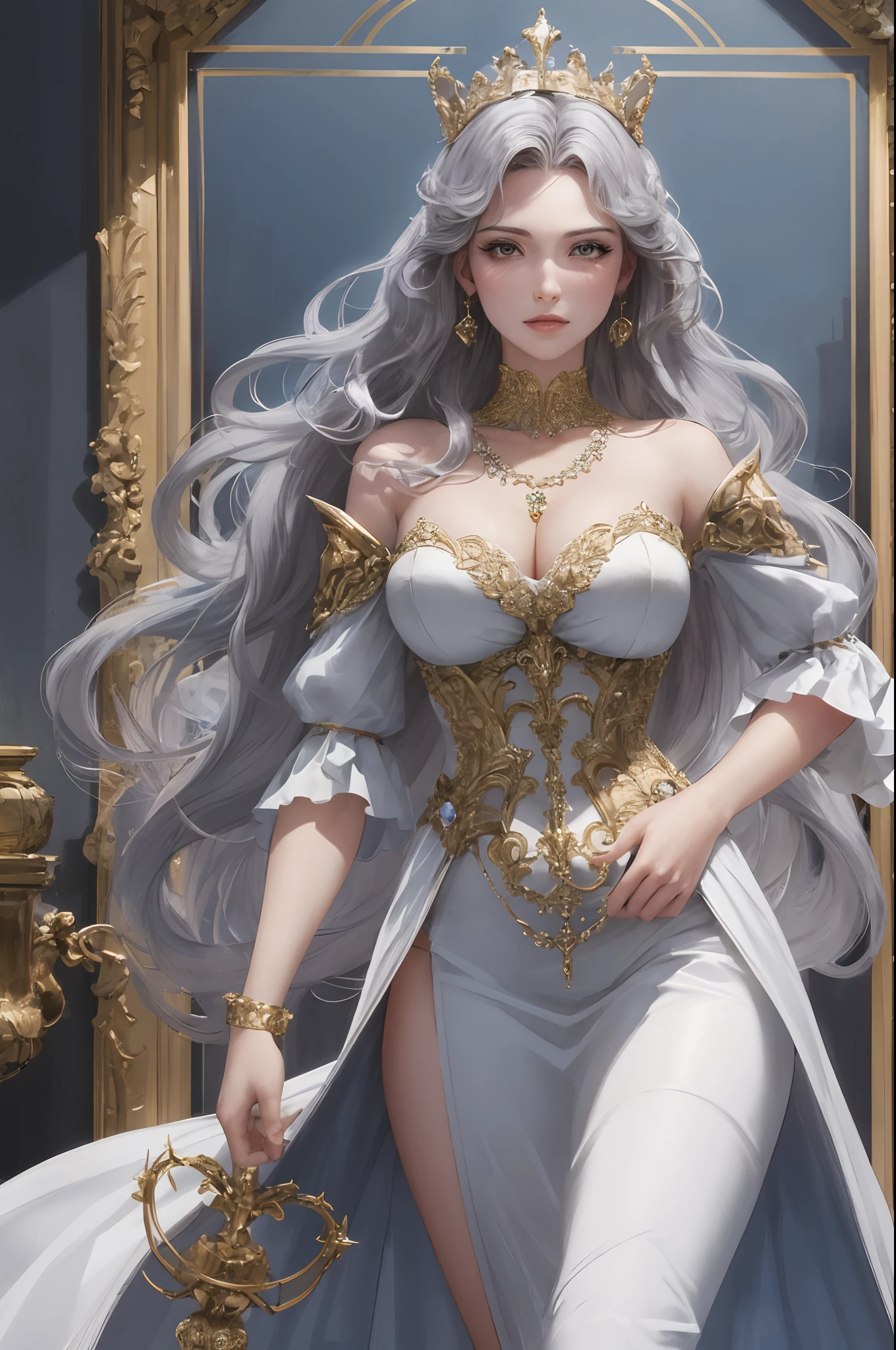 Sexy figure，a queen，Gorgeous costumes，Large breasts，golden laurel crown，Gorgeous earrings and necklaces，sceptre，Light blue long dress，Fair skin，Detailed pupils，Blue pupil，Incredibly ultra-detailed，stunningly realistic，Facial features of Nordic women，Look down on the audience with compassion，Long curly silver waves，Gorgeous English court，Dark light，grain sense，