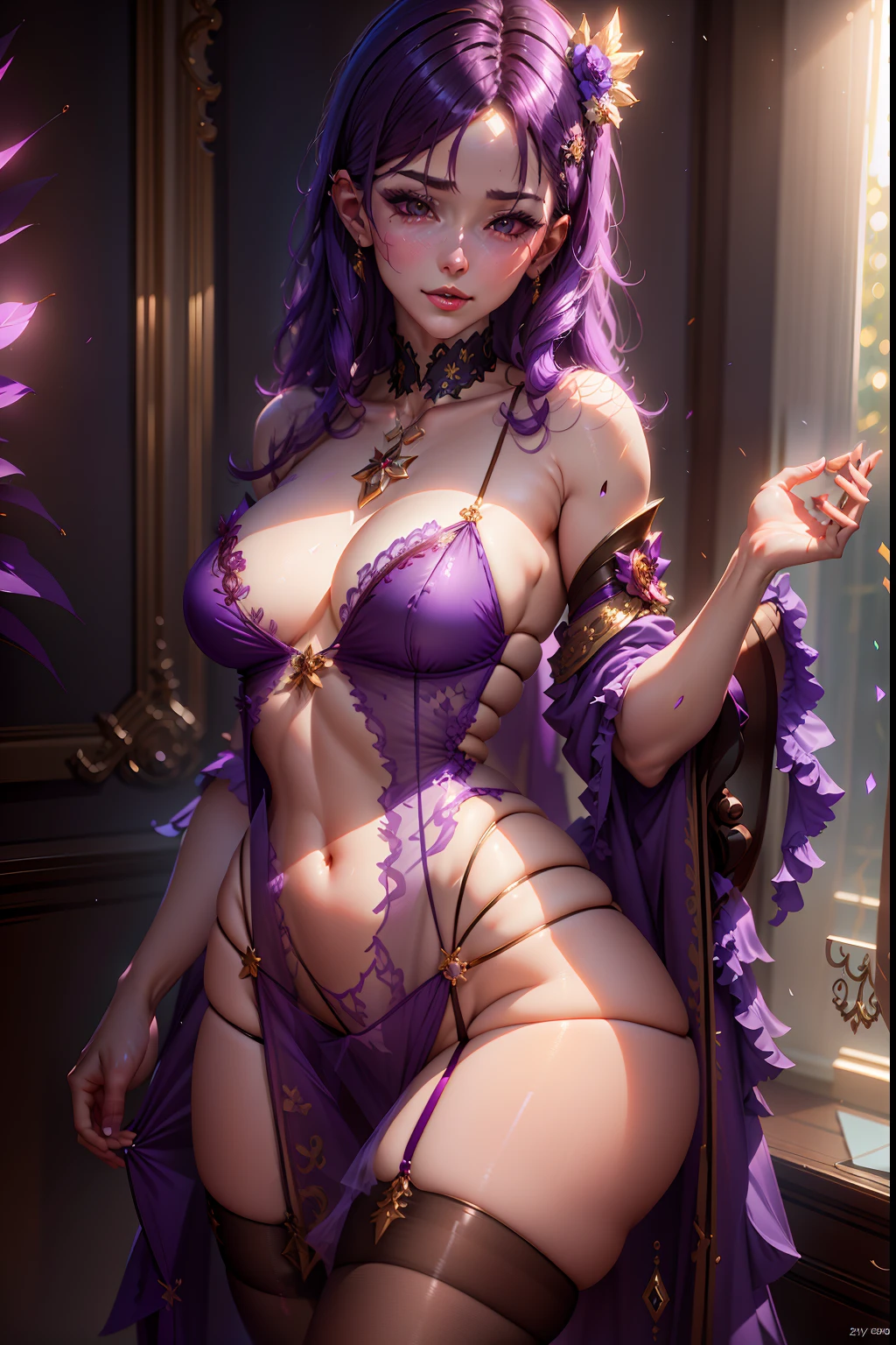 Purple hair woman in purple lingerie posing for photo, cgsociety masterpiece, 3 d render character art 8 k, wlop glossy skin, Purple body, Sexy Pose, ArtStation Masterpiece, deviantart artstation cgscosiety, cgsociety inspired, smooth purple skin, ross tran 8 k, rendered in sfm, octane cgsociety, full body cgsociety