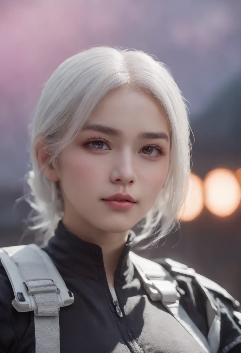 Masterpiece, Best quality, 4K, hyper HD, Goju Castle, Painting, Beautiful eyes and detailed face, illustration, Beautiful detailed, high-resolution illustrations, Glowing_White_Particle, 1girll, White hair, light purple eyes, hair on one eye, short sidetails, baseball cap,Expressionless, 窗帘, Black jacket, Chest rig, Cyberpunk, techwear outfits,(Impressionism:1.4)