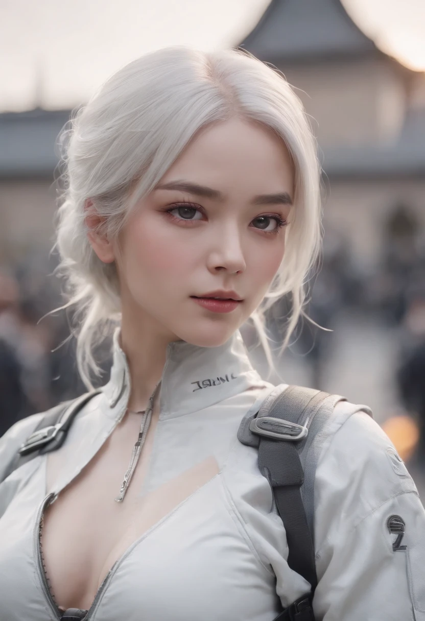 Masterpiece, Best quality, 4K, hyper HD, Goju Castle, Painting, Beautiful eyes and detailed face, illustration, Beautiful detailed, high-resolution illustrations, Glowing_White_Particle, 1girll, White hair, light purple eyes, hair on one eye, short sidetails, baseball cap,Expressionless, 窗帘, Black jacket, Chest rig, Cyberpunk, techwear outfits,(Impressionism:1.4)