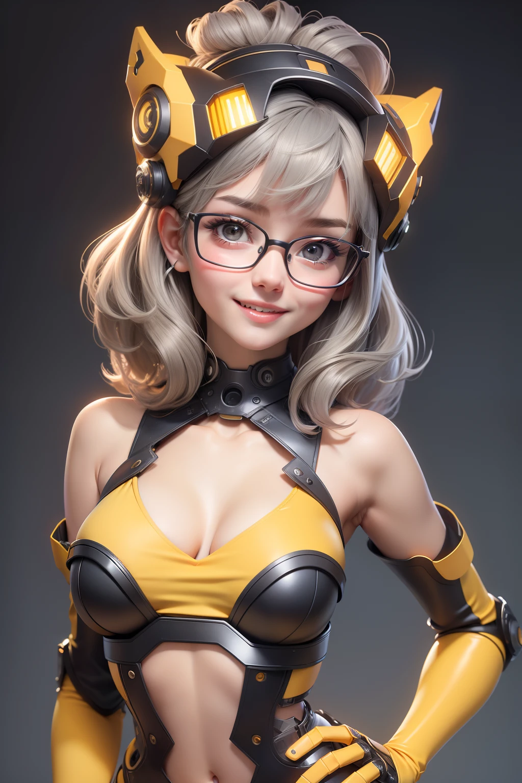 1 cute girl (18yo) glasses, upper body, slim waist, natural medium breast, sexy pose, happy face, bangs, random hairstyle, cleavage, navel, collar, collarbone, off shoulder, seductive smile, wear intricately detail hot and sexy outfit, robotic costume, wear unique helmet, yellow color, upper body. flat gray color for background