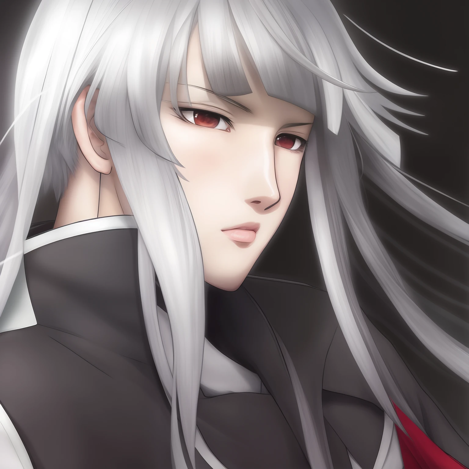 anime character with white hair and red eyes staring at something, hajime yatate, white haired deity, shuushuu anime image, masamune shiro, anime still film anime shikishi, the piercing stare of yuki onna, hijikata toushirou, hijikata toushirou of gintama, he has dark grey hairs