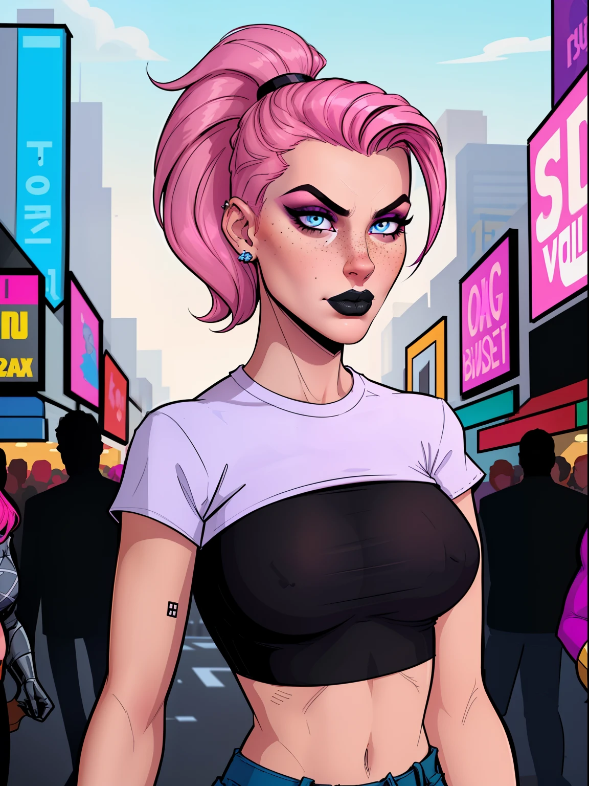 Close up of an adult supermodel woman face, at a busy cluttered (crowded city street) background, detailed background, daytime, pale blue eyes, detailed short burnt pink hair with ponytail, shaved sides haircut, freckles, blushing, (smouldering pouting expression), single eyebrow raised, eye shadow, black lipstick, pierced eyebrow, (big tits), wearing a (loose (graphic tshirt) crop top), detailed cloth folds, looking to the side, comic book style, flat colors, intricate comic book outline linework, sexy angular superheroine face