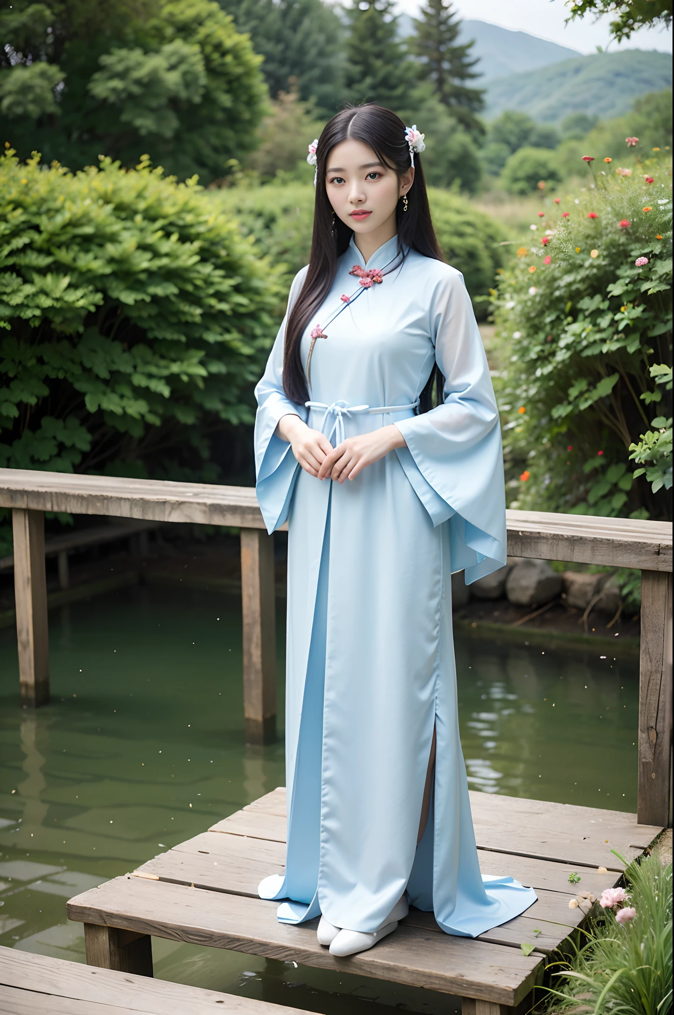 Ultra HD face，1 woman,Hanfu beauty， beautiful  face，Slender thin legs