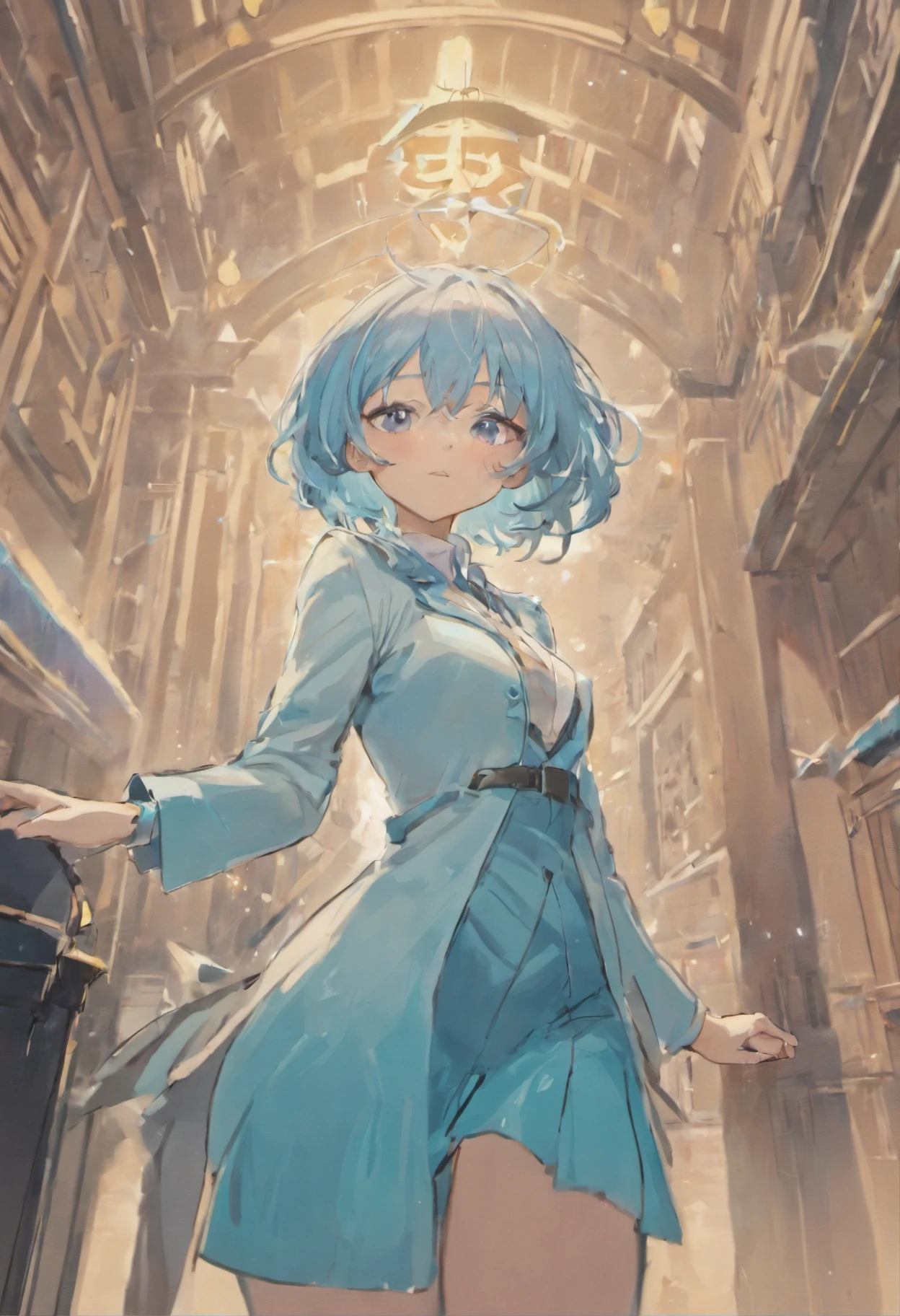 ((tmasterpiece,Need)),(1girl),((A MILF)),Light blue hair,big-areola,horn,((office lady)),By bangs,Bigchest,(plumw),slim,ssmile,[Wide hips],office,standing, aru \(blue archive\),