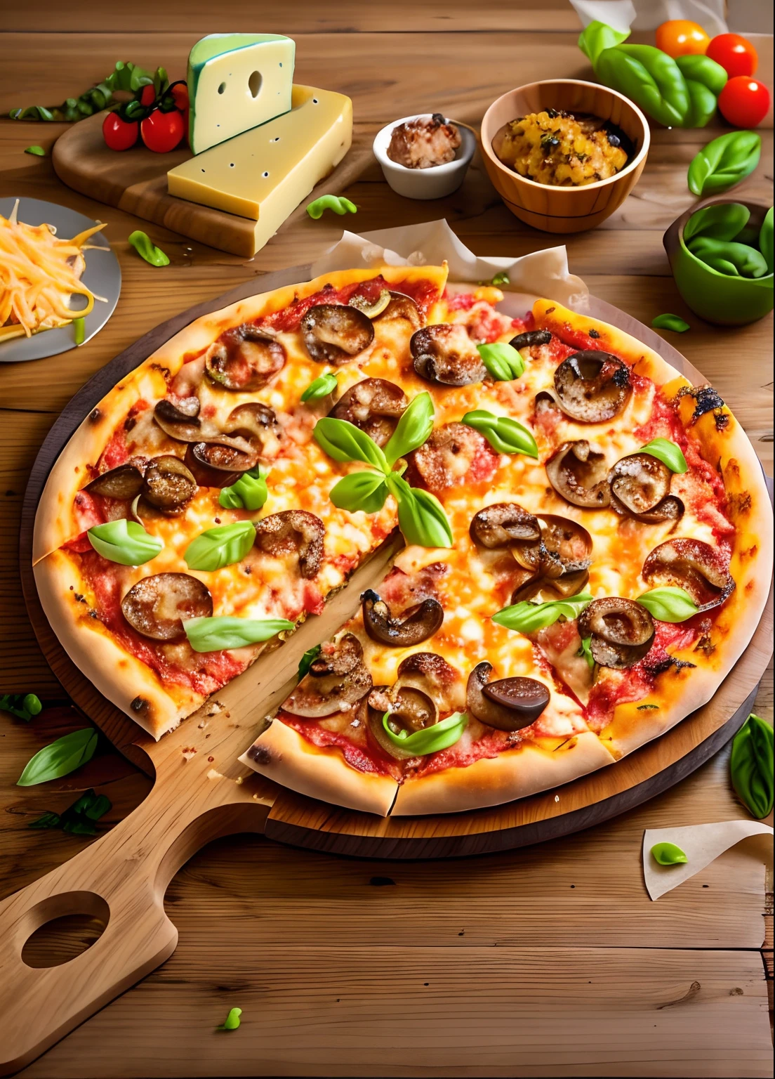Really appetizing bulgogi pizza, Cheese crust, The end of the bread is crispy, Several types of cheese toppings, top view, Neat wooden table, A pretty plate for a large pizza, A piece is lifted,, Cheese dripping, Powerful sunlight, It's hot and steaming.
