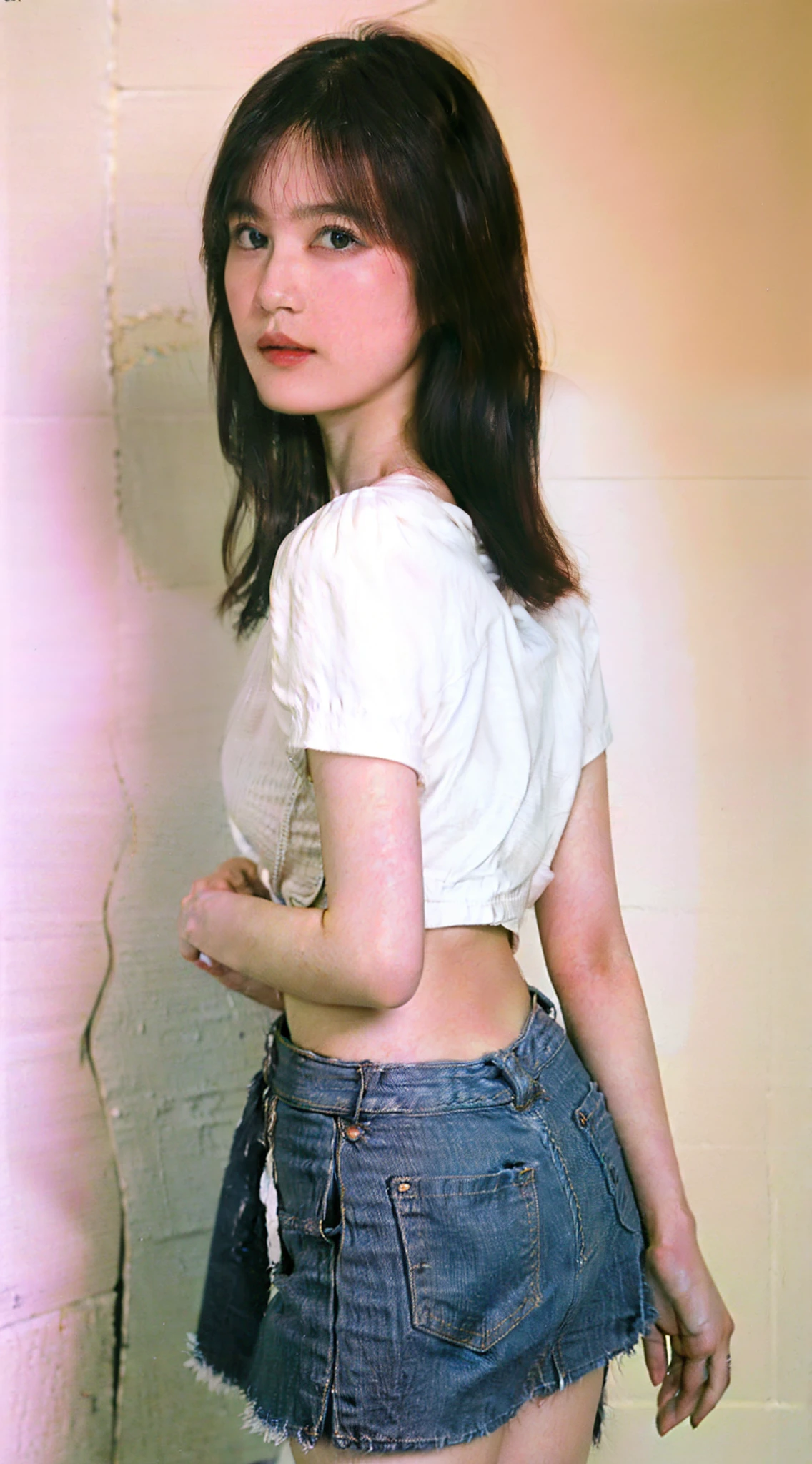 Girl taking photo in bra and tight denim mini skirt、arm behind back、open legs、white panty、full bodyesbian、cropped t-shirt、bra very、slim figure、Petite bust、Slim girl model、24歳の女性モデル、